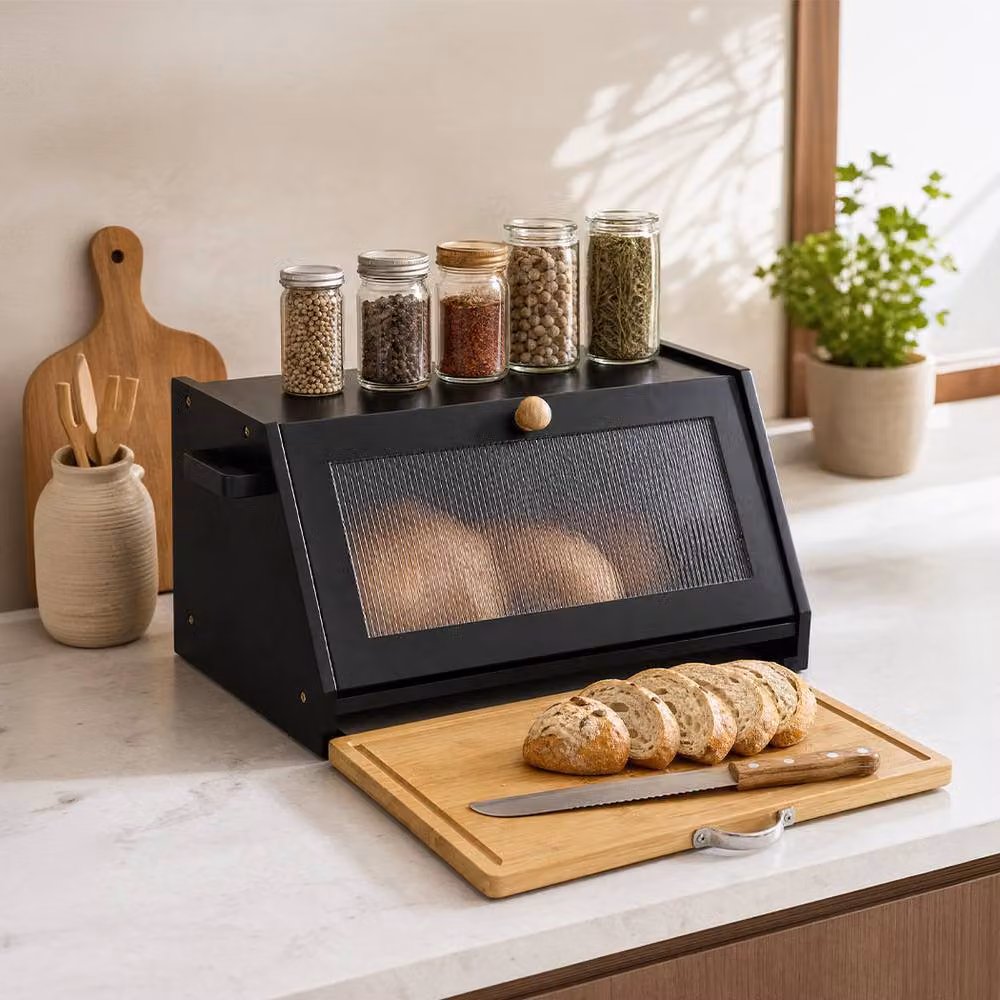 Toque 2-Tier Bamboo Bread Box and Storage Holder with Cutting Board Lid, Black – 3