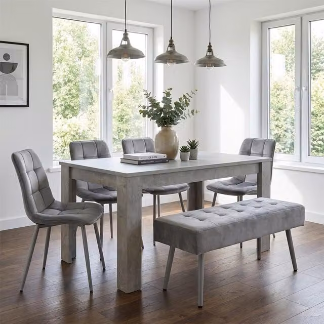 KOSY KOALA Modern Wooden Dining Furniture Set in Brown and Grey with 4 Grey Velvet Chairs and 1 Bench