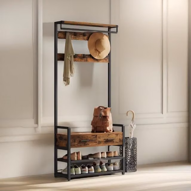FURNOS Industrial Hall Tree Coat Rack and Shoe Storage Bench in Brown – 1
