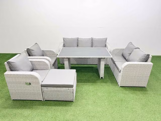 Fimous 8 Seater Garden Furniture Set in Light Grey Rattan with Metal and Glass Details