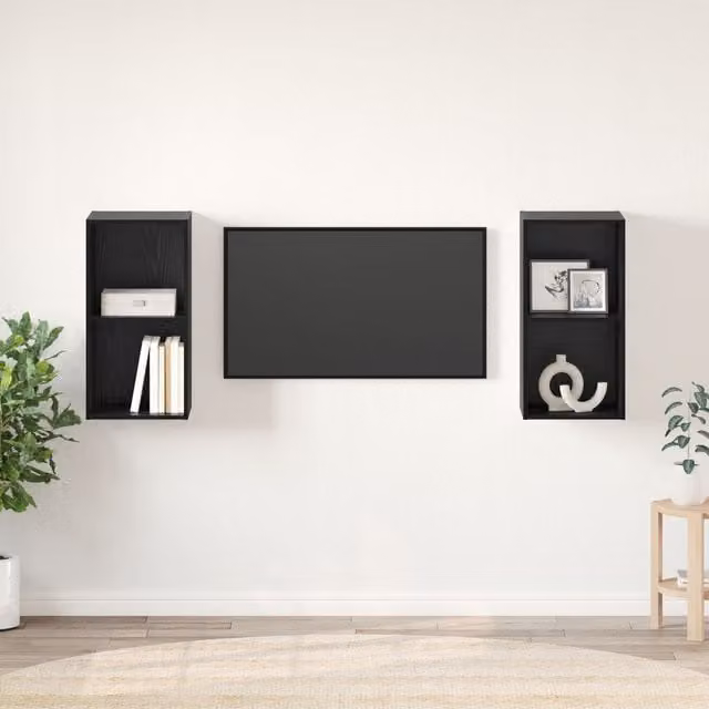 Berkfield Home 2-Piece Wall TV Cabinet in Black Oak, W/D/H: 37 x 37 x 72 cm