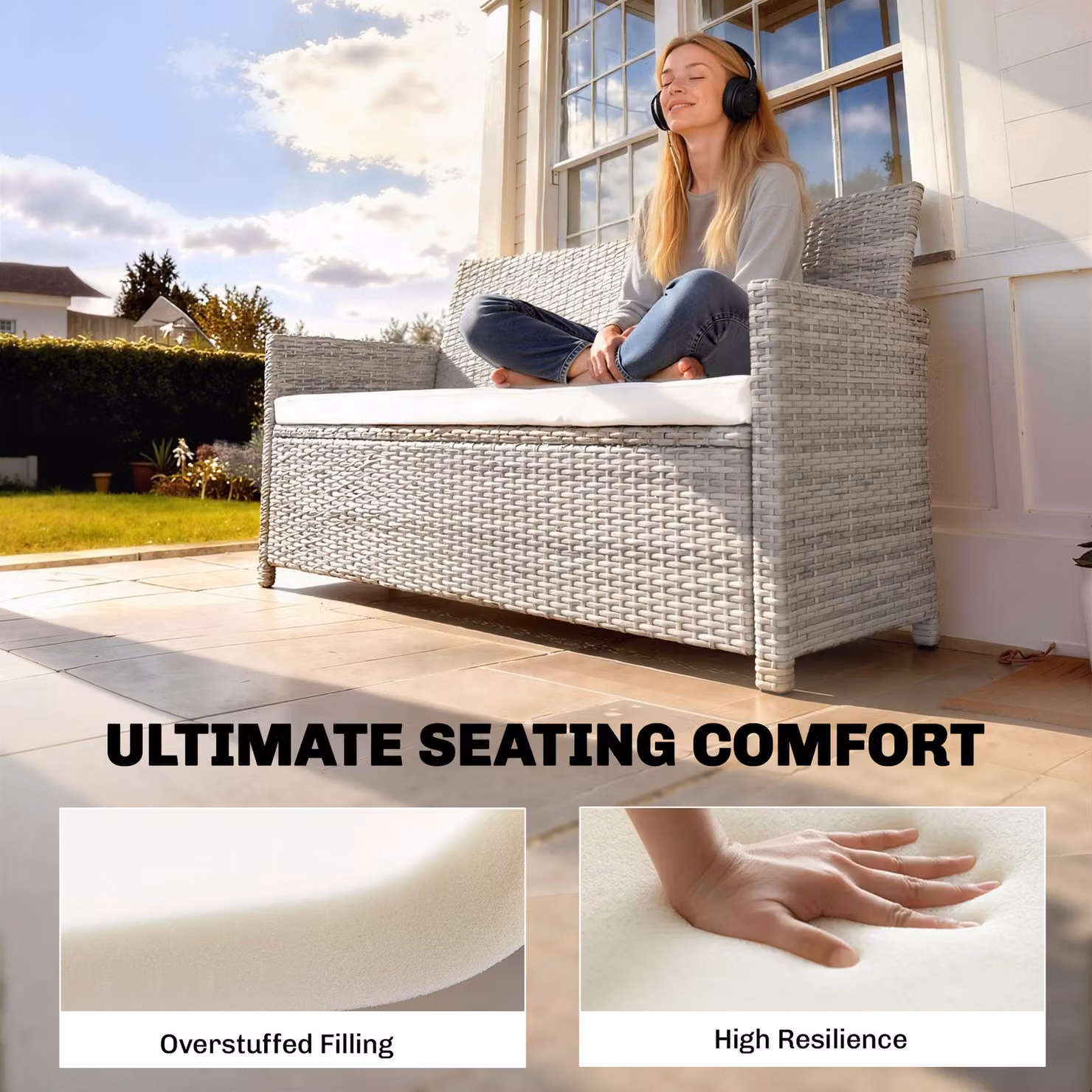 Outsunny Set of 3 Cream White Rectangular Outdoor Seat Cushion Pads for Rattan Furniture – 3