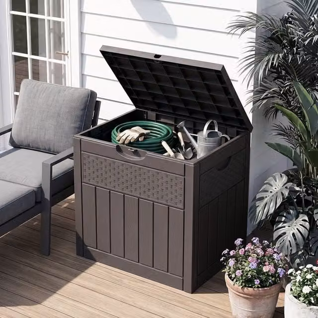 Breeins 126L Garden Storage Box with Lock in Brown Woodgrain Woven Design