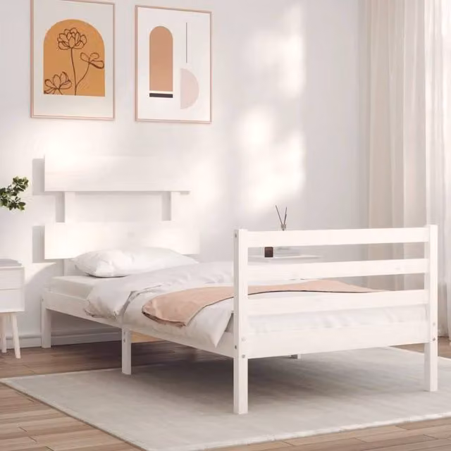 Berkfield Home Beautiful Single Solid Wood Bed Frame with Headboard in White, W/D/H: 90 x 190 cm