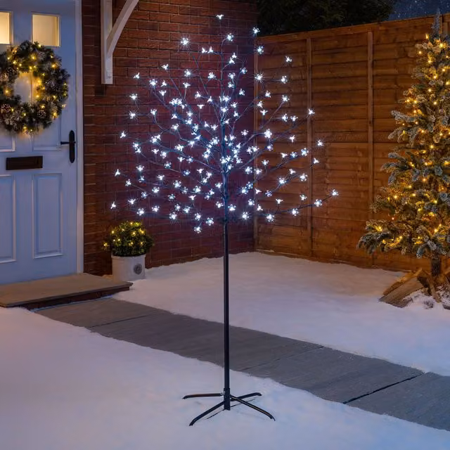 Christow LED Cherry Blossom Tree Christmas Decoration, 96 LEDs, White and Silver, Height: 152.4 cm