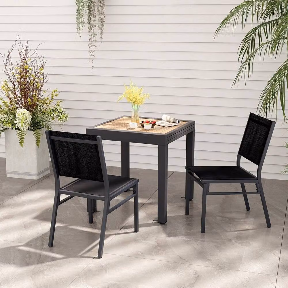 VOGREX Set of 2 Modern Matt Black Metal Armless Outdoor and Dining Chairs – 3