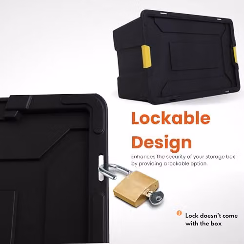 NOVECRAFTO Heavy Duty Plastic Storage Box with Lid and Handles, Black and Yellow, W/D/H: 58.0 x 42.0 x 58.0 cm – 4
