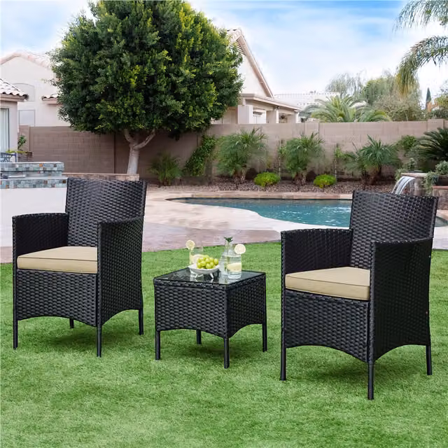 Yaheetech 3-Piece Modern Rattan Table and Chair Furniture Set in Black