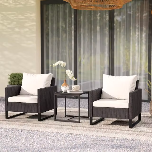 Outsunny 3-Piece Rattan Bistro Set with Coffee Table, Chairs and Cushions in Brown and Black