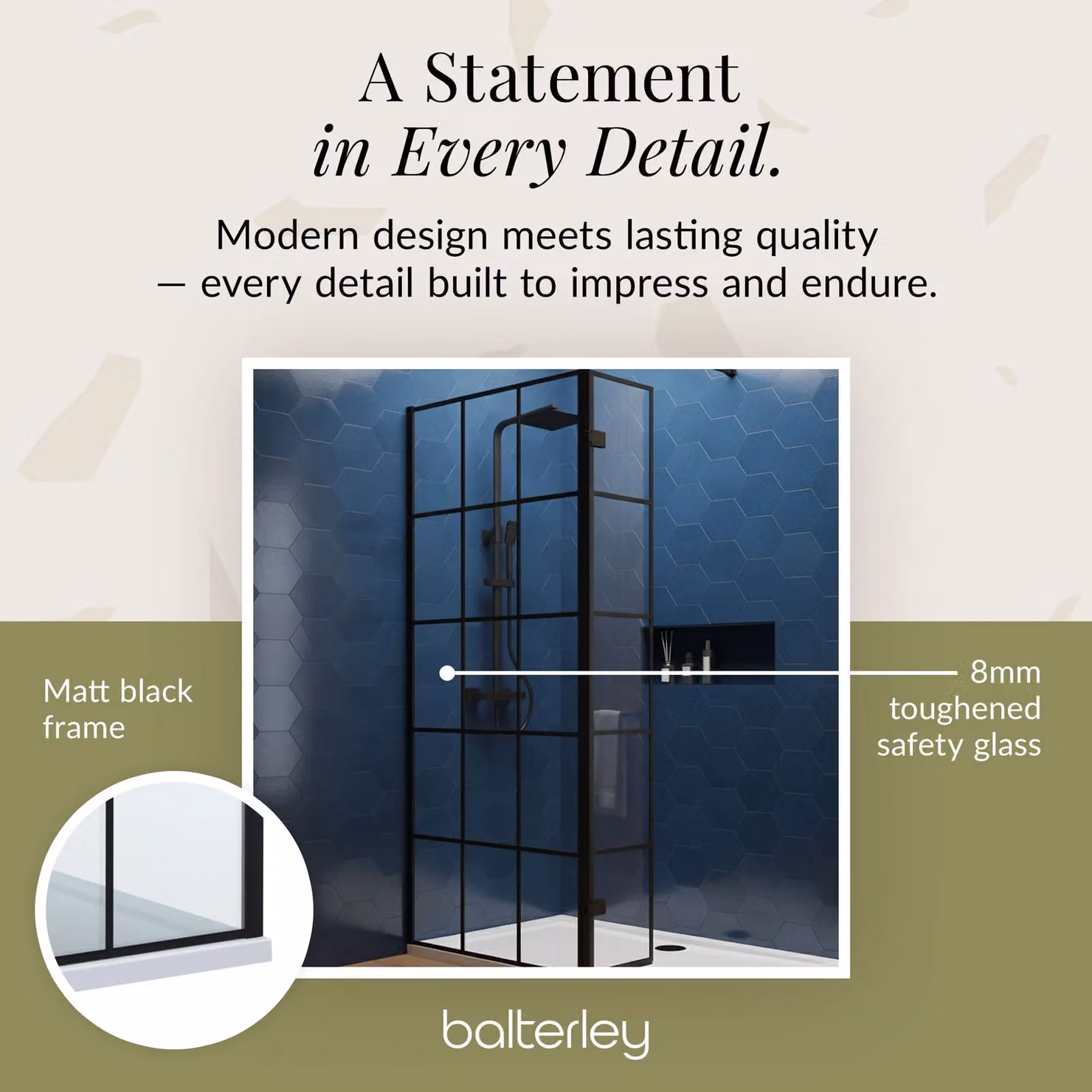 Balterley 8mm Glass Walk-In Wetroom Screen and Return with Tray, Black Framed, W: 140 cm, D: 70 cm – 4