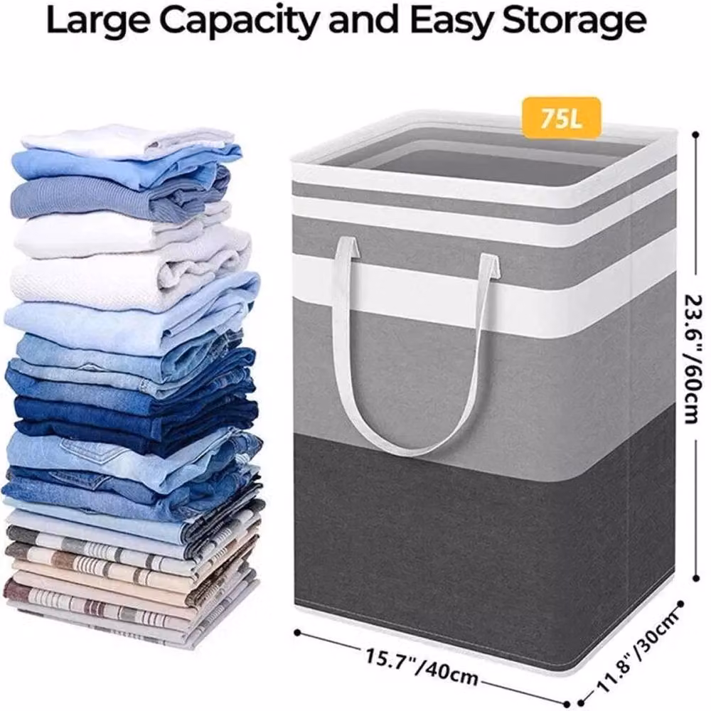 YnysTec 2 Pack Foldable Fabric Laundry Baskets with Handles, Grey, 75L, W: 60 cm – 2