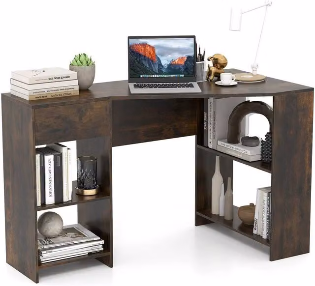 VOGREX Brown Compact L-Shaped Corner Desk with Storage