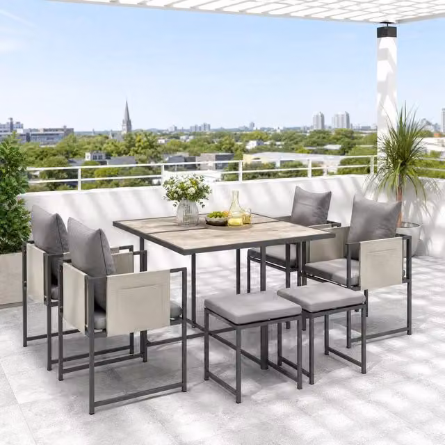 STILVORA Nine-Piece Modern Outdoor Dining Set with Powder Coated Steel Frame in Grey