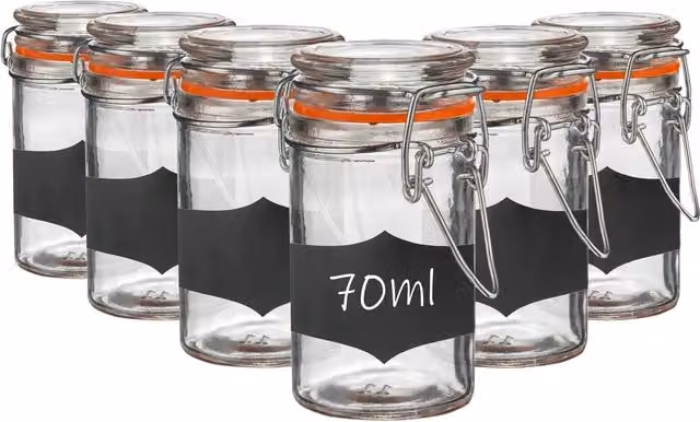 Argon Tableware 6 Pack Glass Spice Jars with Airtight Metal Clip Lids and Chalkboard Stickers, 70ml, Multicolour and Transparent – 4
