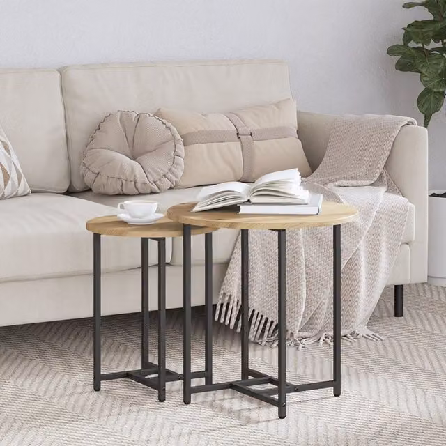 Berkfield Home Set of 2 Round Nesting Side Tables in Brown Oak Wood and Metal