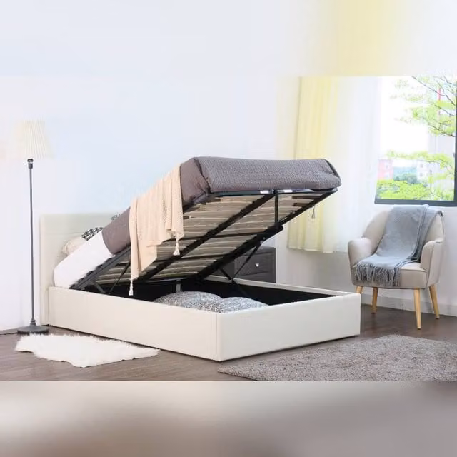 Comfy Living Ltd Upholstered Linen Fabric Gas Lift Ottoman Bed in Cream/Beige, W: 140 cm x D: 200 cm