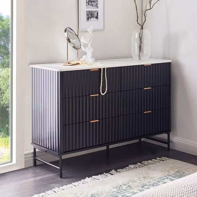 Wyld and Coco Living 6-Drawer Chest in Black with Marble-Effect Top and Metal Legs