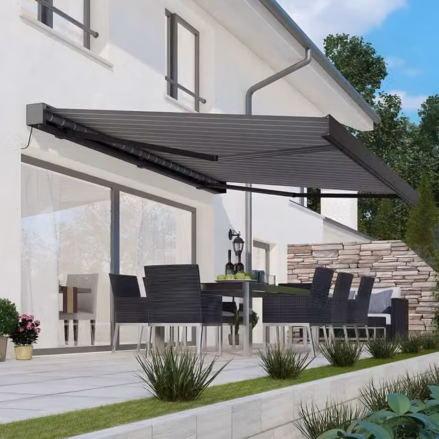 Primrose Deluxe Wireless Remote Full Cassette Electric 4.5m Awning with Lights in Pin Stripe Grey