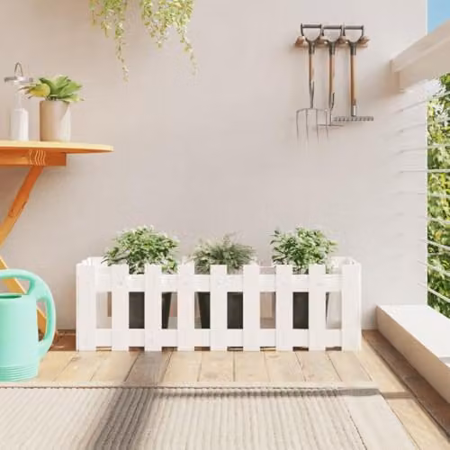 vidaXL White Wooden Garden Raised Bed with Fence Design W/D/H: 100 x 30 x 30 cm – 2