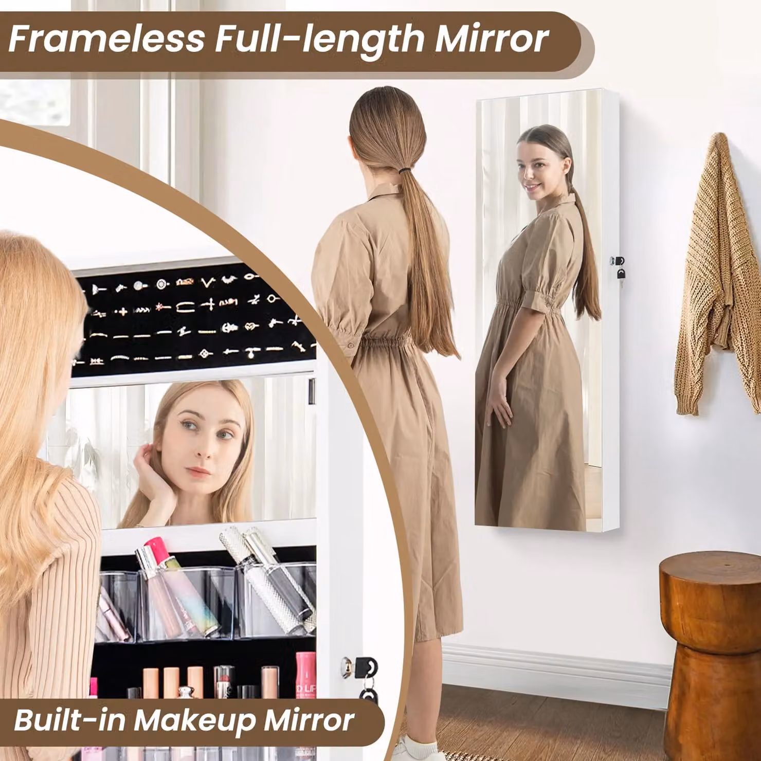 Gymax White Glossy Jewellery Mirror Cabinet with Hinged Doors and Internal Shelves, Width: 110 cm – 6