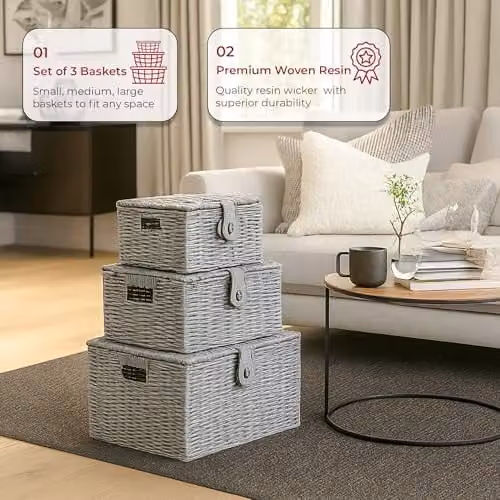INNOTECK 3-Piece Wicker Storage Basket Set with Lids, Grey – 2