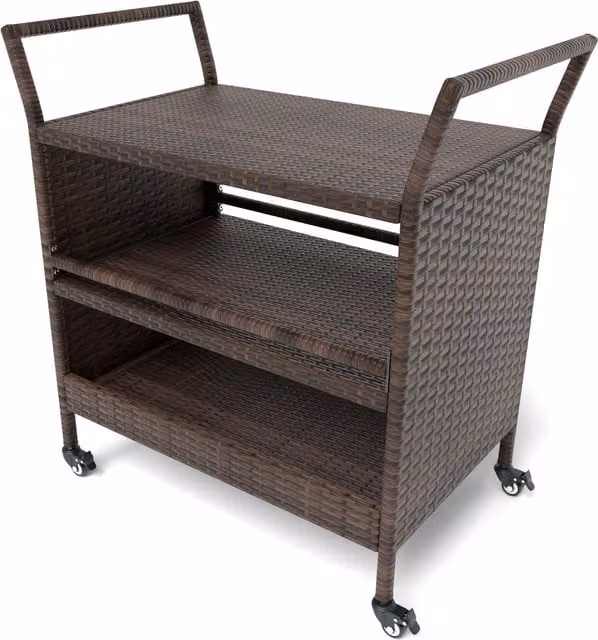 Gymax 3-Tier Brown Rattan Outdoor Bar Cart with Wheels and Handles – 1