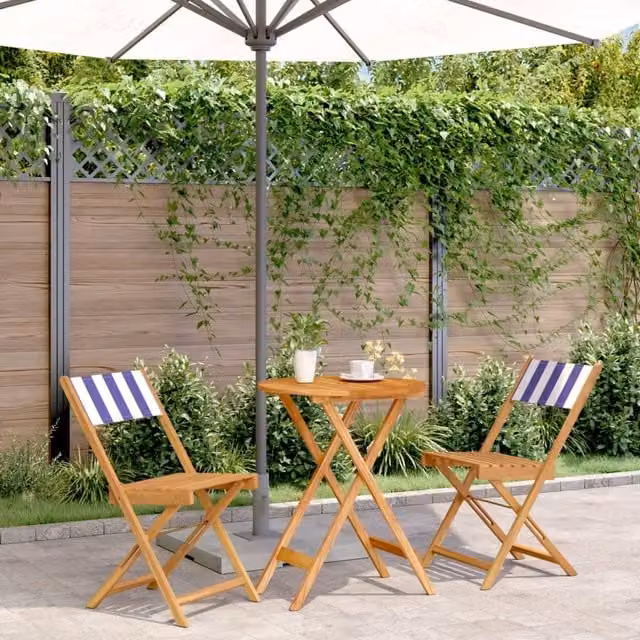 Berkfield Home 3 Piece Acacia Wood Bistro Set with Blue and White Striped Fabric – 1