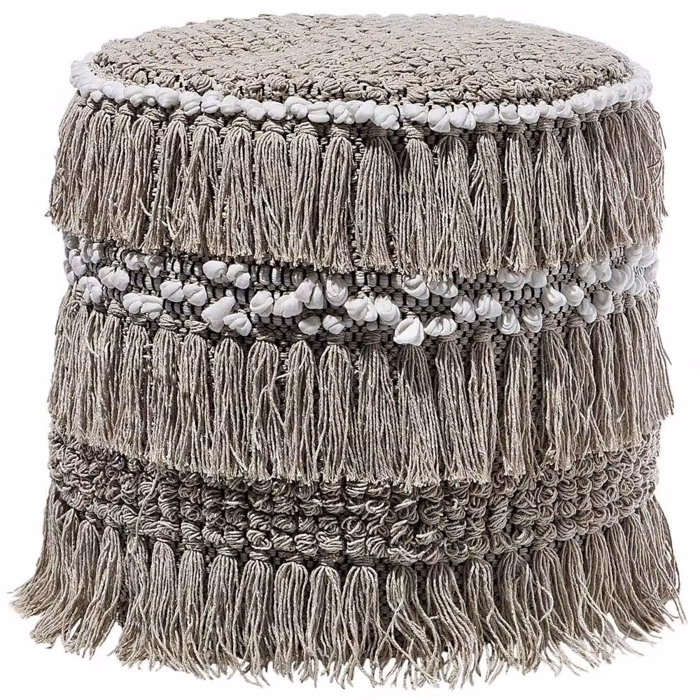 Wyld and Coco Beige Handwoven Cotton Cylindrical Pouffe with Tassels – 2
