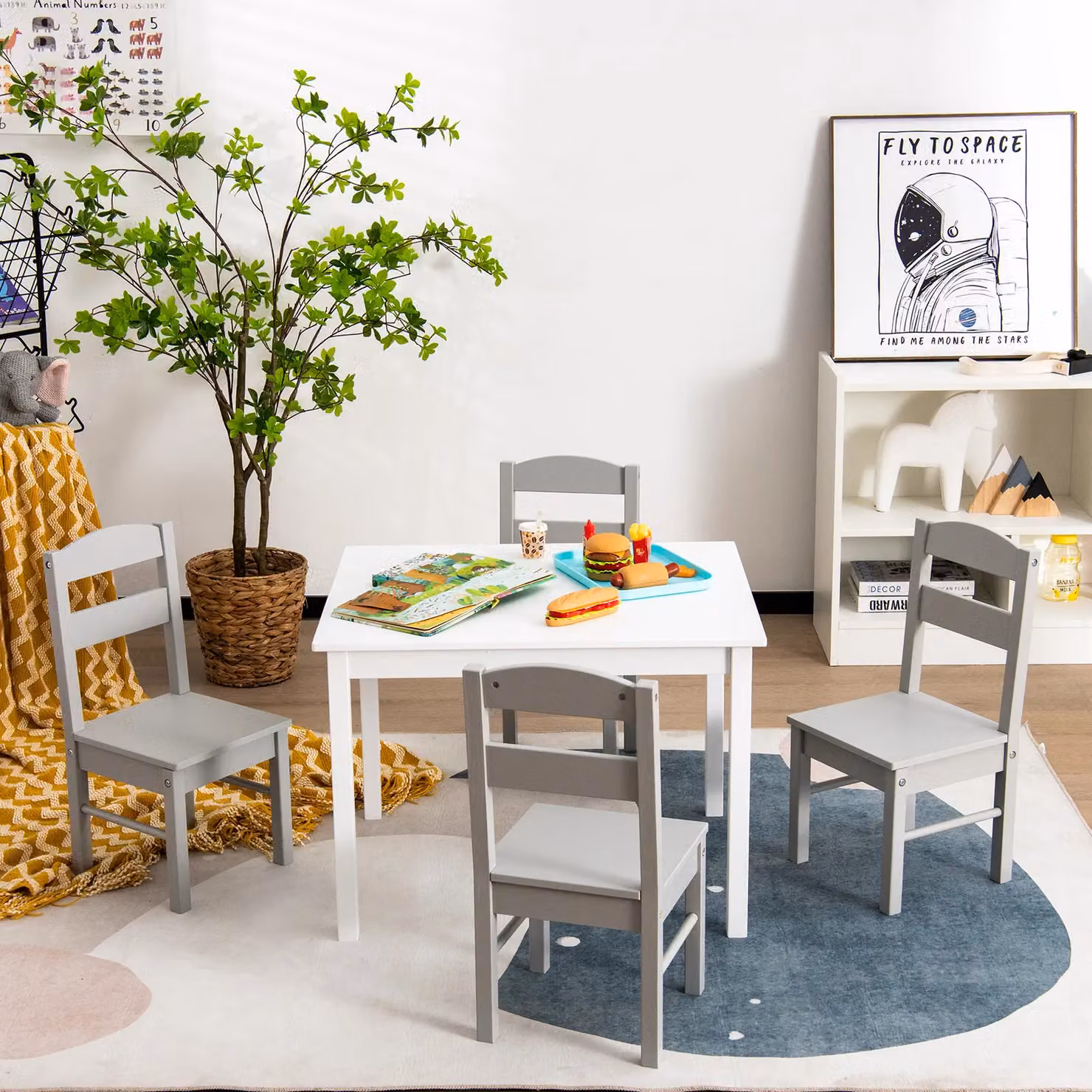 Gymax Childrens Activity Table and 4 Chairs Set in Grey and White Lacquered Pine Wood – 2