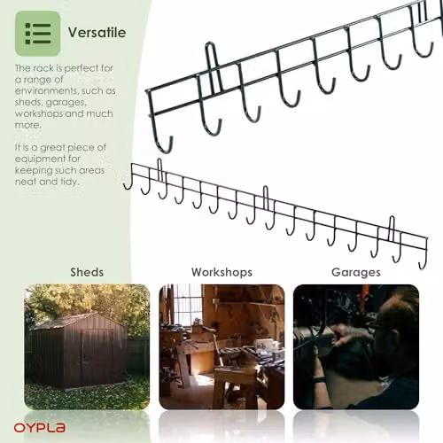 Oypla 16 Hook Metal Garden Tool Storage Rack, Green Wall Mounted Steel Hanger for Sheds and Garages – 2