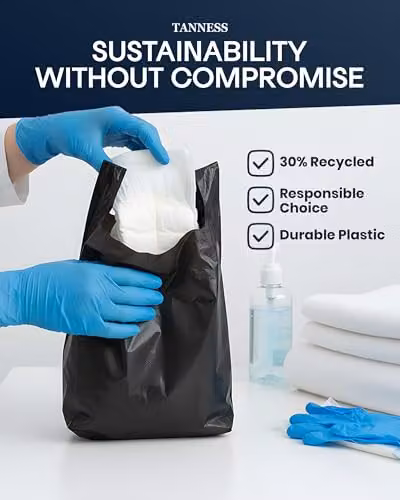 Tanness Black Adult Nappy Bags, 100 Pack Disposable Sacks with Tie Handles – 6