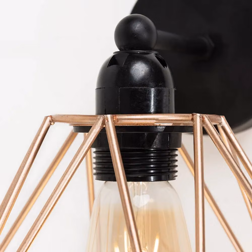 MiniSun Industrial Steampunk Satin Black Pipework Single Wall Light with Copper Metal Basket Cage Shade – 3