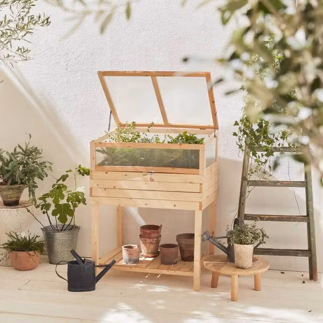 sweeek Elevated Wooden Planter with Polycarbonate Greenhouse in Light Brown – 1