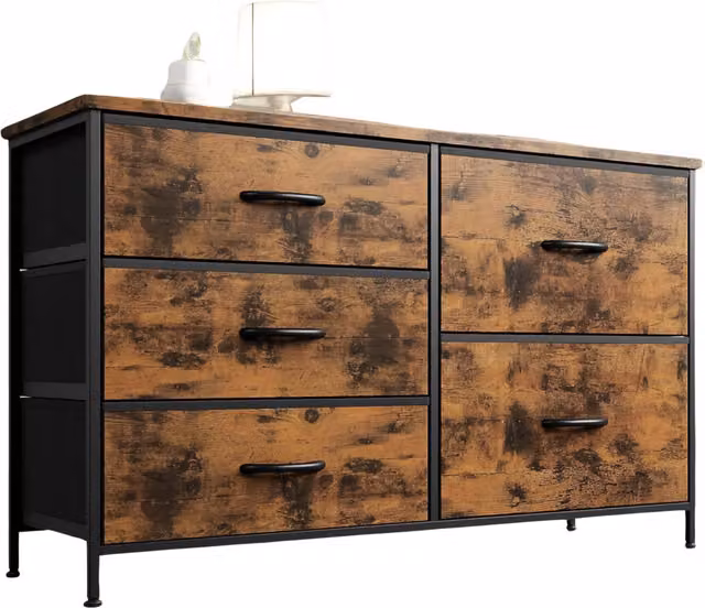 Pirlo Plush Industrial Bedroom Dresser with 5 Fabric Drawers in Brown
