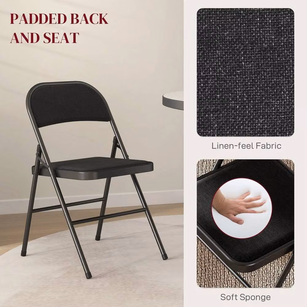 NESTLUNE 4 Pack Black Linen-Look Padded Folding Chairs H 78 x W 60 x D 60 cm – 5