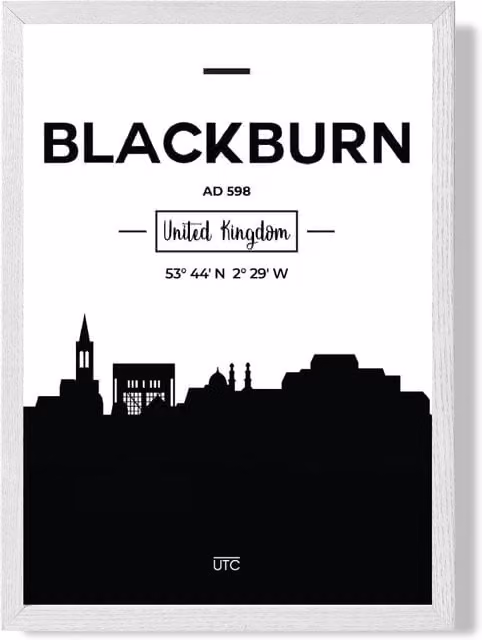 ARTZE Blackburn Black and White City Skyline Framed Paper Poster with White Frame