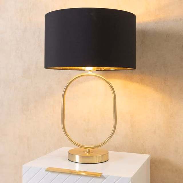 ValueLights Antonia Oval Table Lamp with Fabric and Metallic Shade in Black and Gold/Brass including LED Bulb