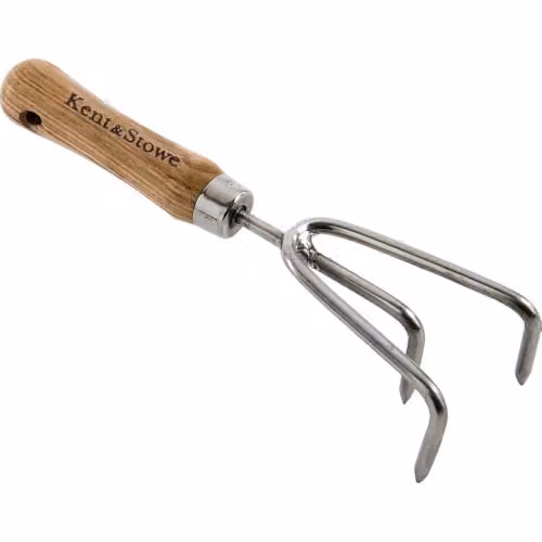 Kent & Stowe Garden Life Hand 3-Prong Cultivator in Beige and Silver with Stainless Steel and Wood