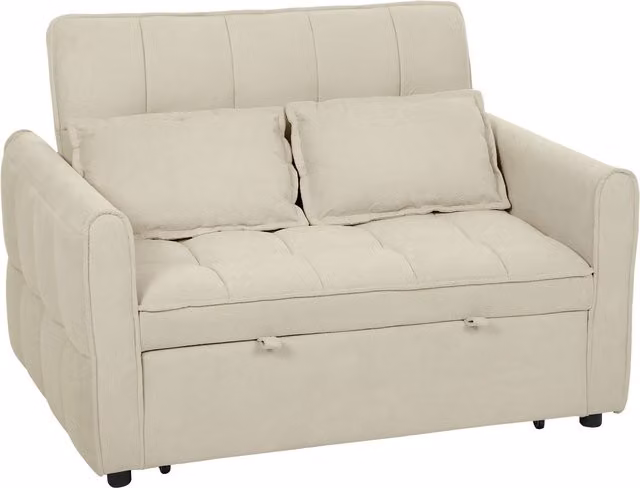 HOMCOM 2 Seater Convertible Sofa Bed with Click-Clack Adjustable Backrest and Scatter Cushions, Beige Velvet Fabric