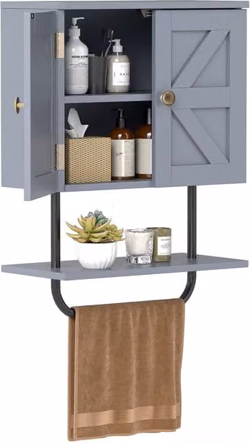 Gymax Grey Wall-Mounted Bathroom Medicine Cabinet with Mirror and Internal Shelves
