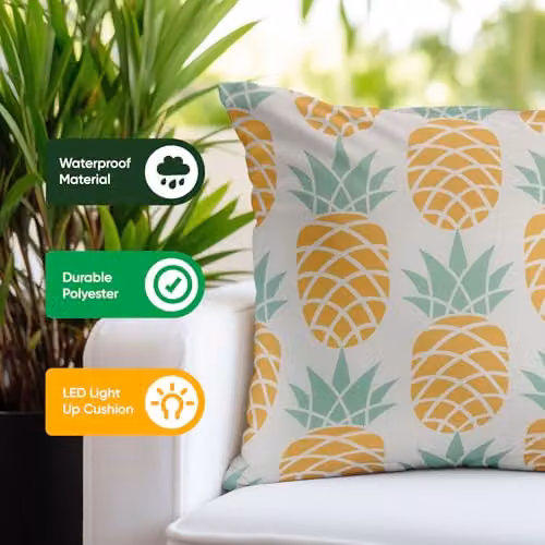 Gardenwize Pack of 2 Yellow and Multicolour Pineapple Printed LED Light Up Square Scatter Cushions – 3