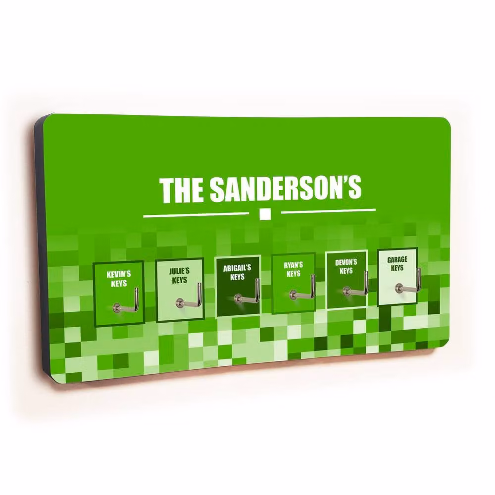 Uniqueful Personalised Green Squares 6 Hook Wall Mounted Key Holder, Width: 100 cm