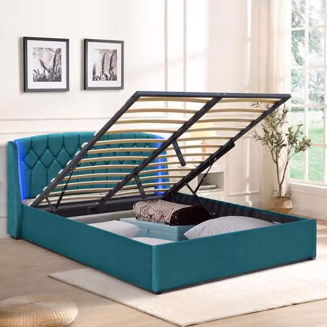 Comfy Living Green Fabric Upholstered Gas Lift Bedframe with LED Headboard, W/D/H: 140 x 200 cm