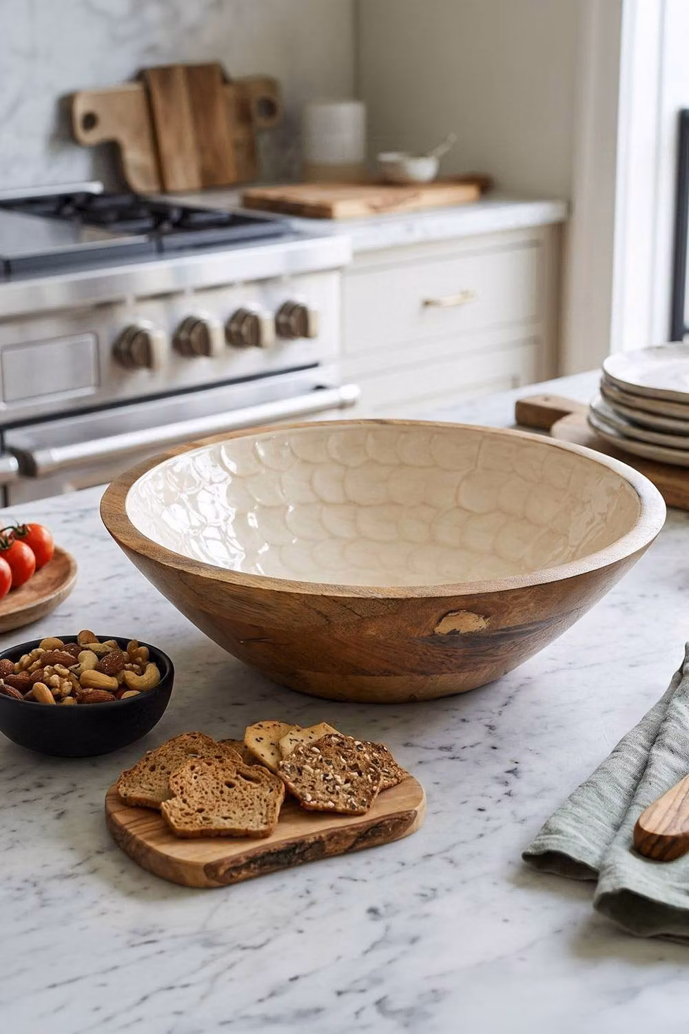 Homescapes Capiz Style Mango Wood Enamel Bowl in Light Brown, Diameter: 25 cm – 2