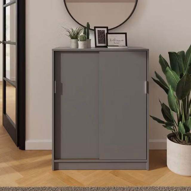 GFW Leighton Modern Sliding Door Shoe Cabinet in Grey and White, W/D/H: 100 x 39 x 80 cm – 1