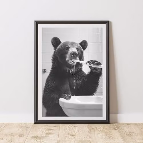 60 Second Makeover Bear Brushing Teeth Animal Print Paper Poster, A3