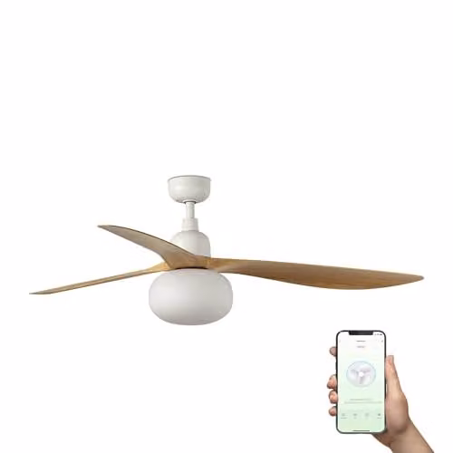 Netlighting Outwood Smart Ceiling Fan with Oak Blades and White Finish, 150 cm, IP44 Rated, E27 Bulb Compatible – 1