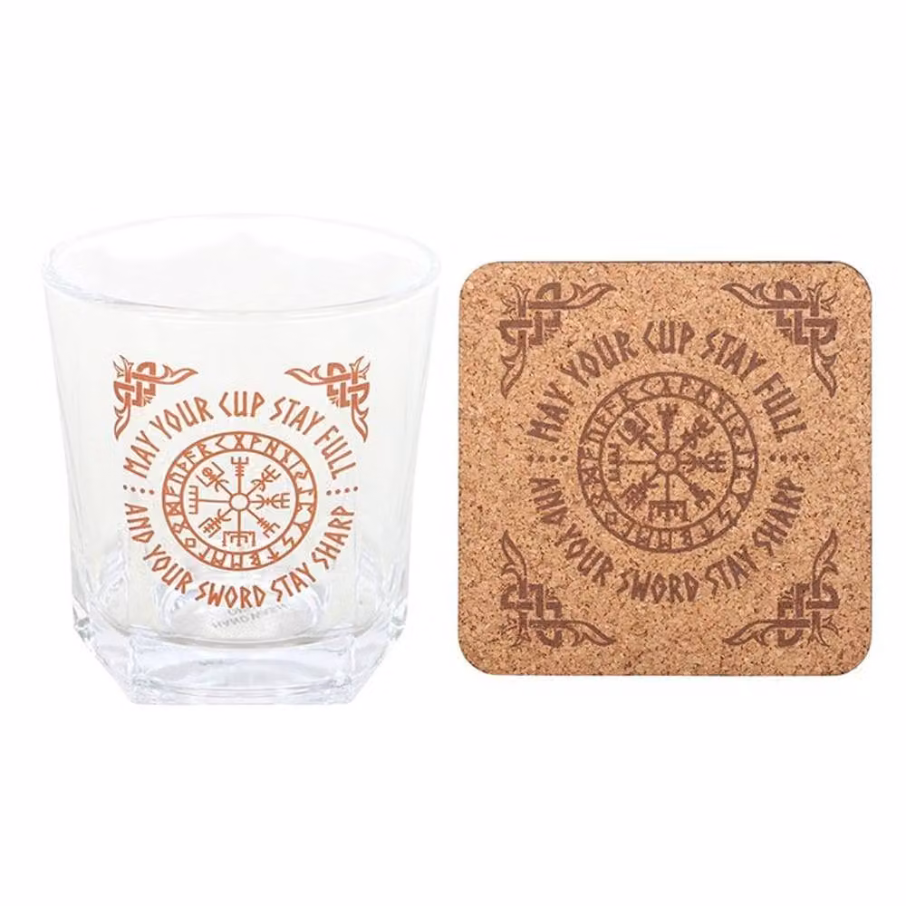 Uniqueful Viking Compass Lowball Tumbler Glass with Coaster, Clear, 300ml – 3