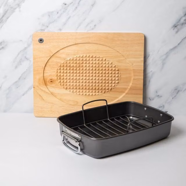 MasterClass 2-Piece Non-Stick Rectangular Carbon Steel Roasting Tin with Rack and Wooden Studded Carving Board, Grey