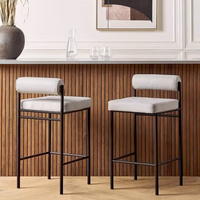 Wyld Haus Modish Home Set of 2 Bar Chairs in Light Grey Polyester with Black Metal Legs